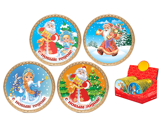 Новогодняя медаль 25г/24шт Дед Мороз и Снегурочка с цетной картинкой Ш.дом ю342
